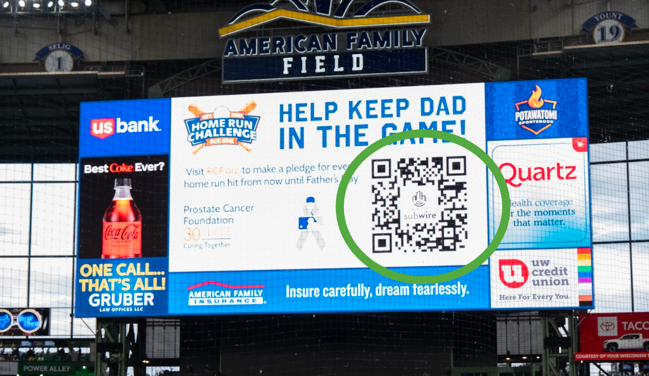 SubWire QR code is displayed on the jumbotron at American Family Field